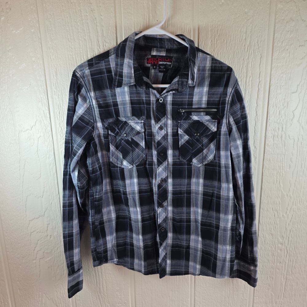 Men's Distortion Black and Gray Plaid Button-Down Shirt, Size Medium